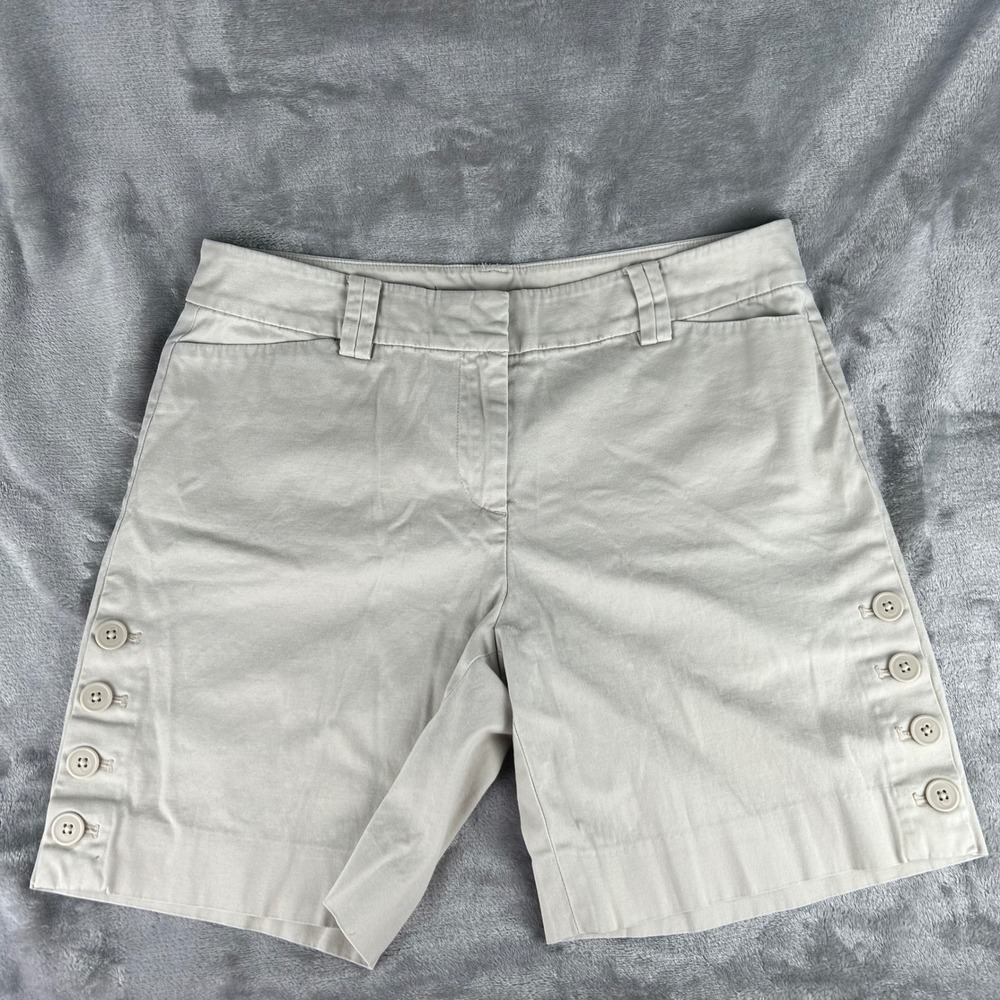 Talbots Womens Khaki Chino Shorts Tan Button Hem Detail Size 4 Retro Preppy